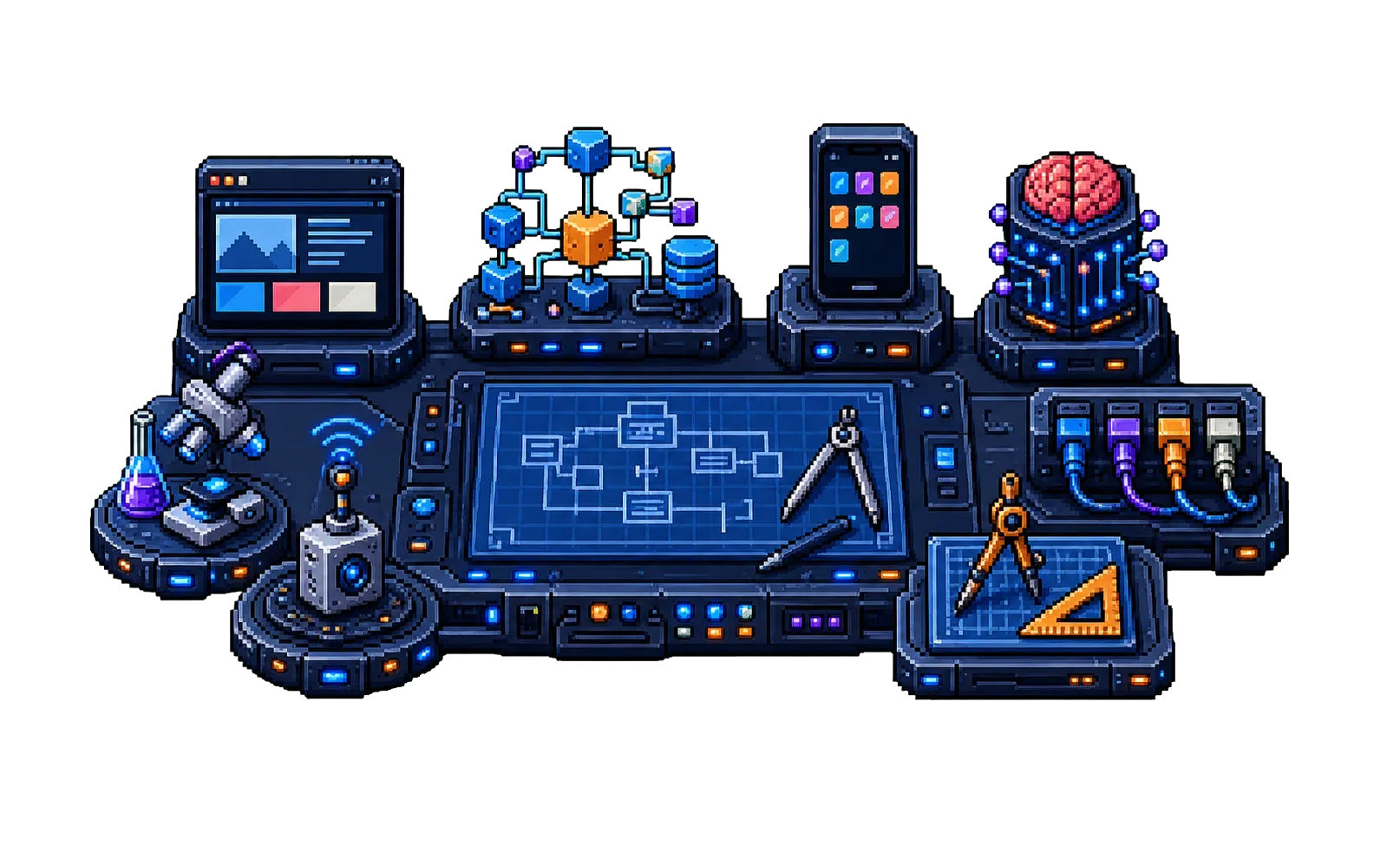 Pixel-art multidisciplinary studio workbench representing web, mobile, AI, integration, consultancy, research, and connected products