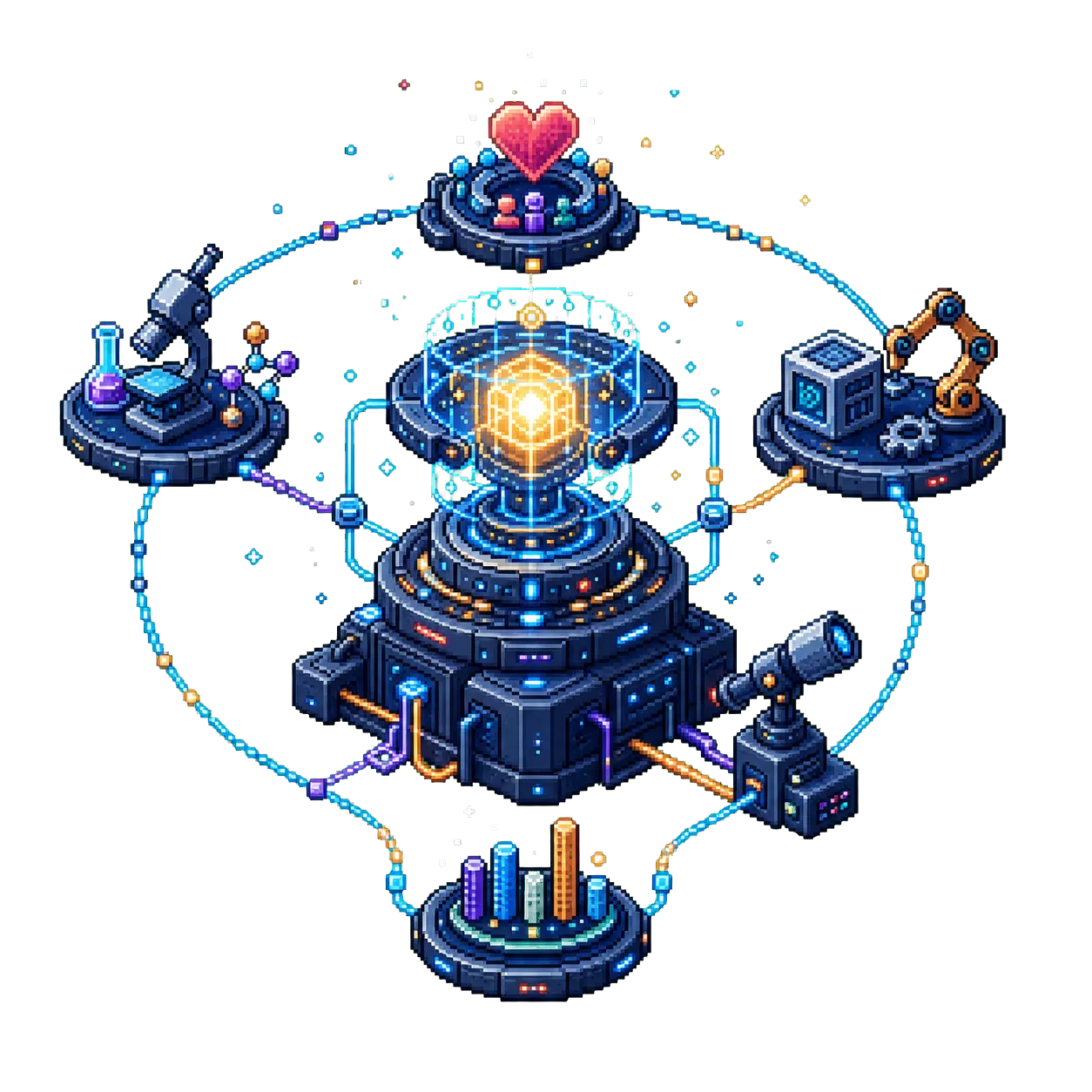 Pixel-art innovation observatory connecting human need, research, engineering, and measurable impact